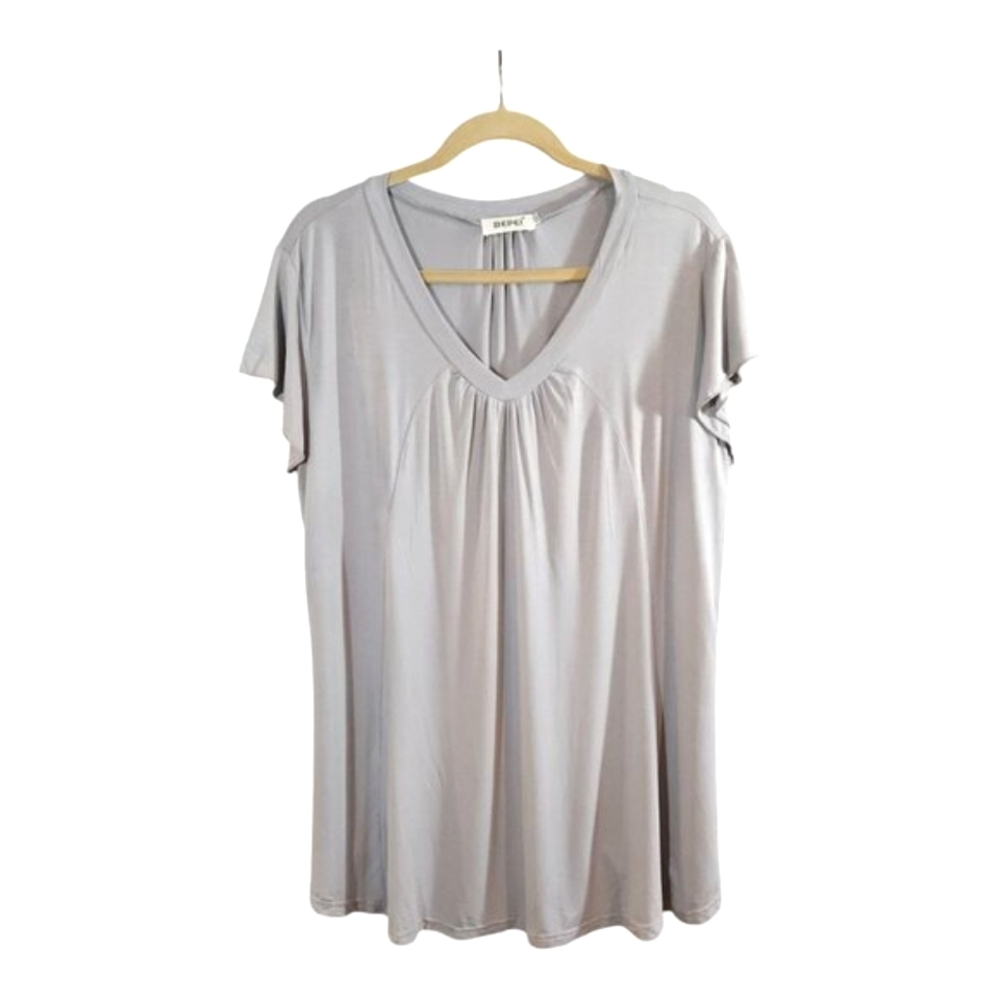 Bepei Gathered V-neck Longline Jersey Knit Cap Sleeve T-shirt Casual Women's XXL - Picture 2 of 6